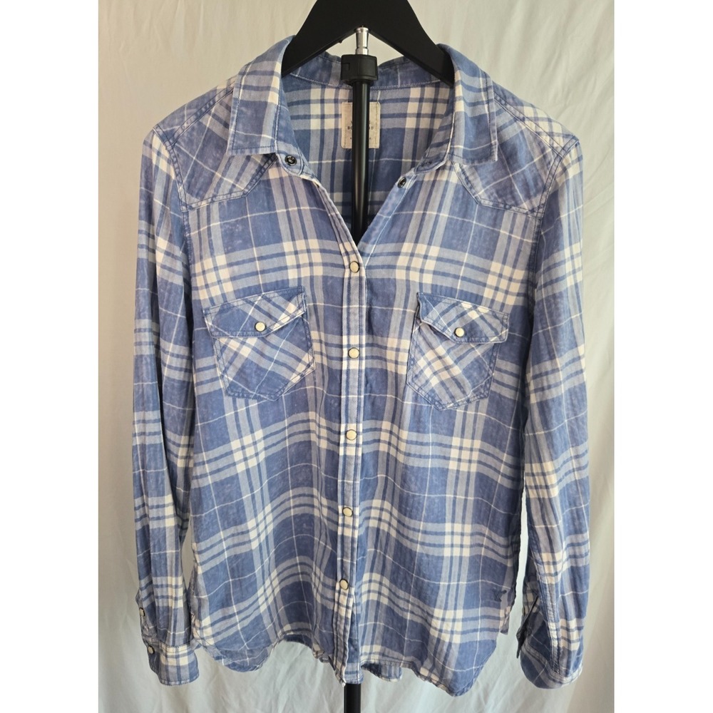AEO Blue Plaid Snap Button Down Shirt Western Rodeo Lightweight Cotton Casual